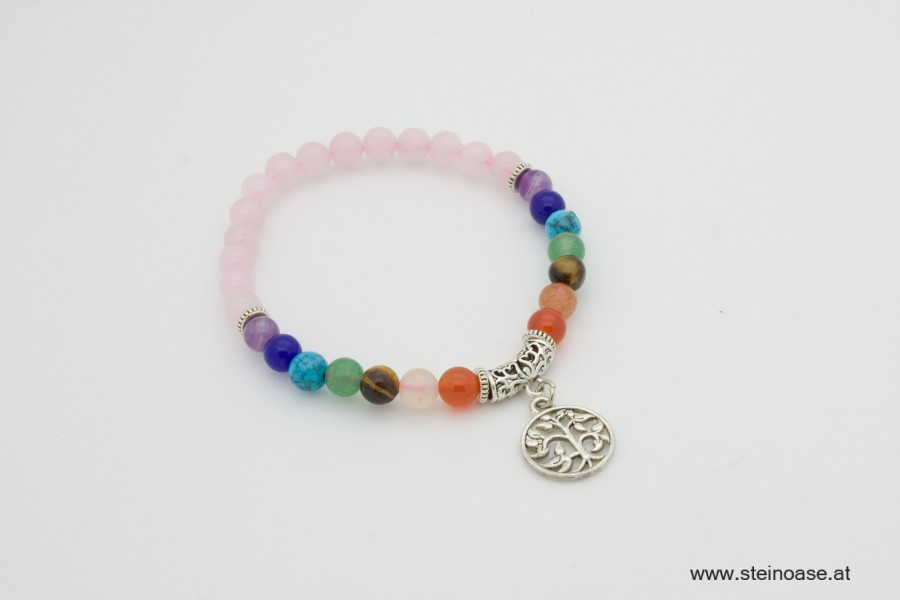 Armband Rosenquarz "Lebensbaum & Chakra" 